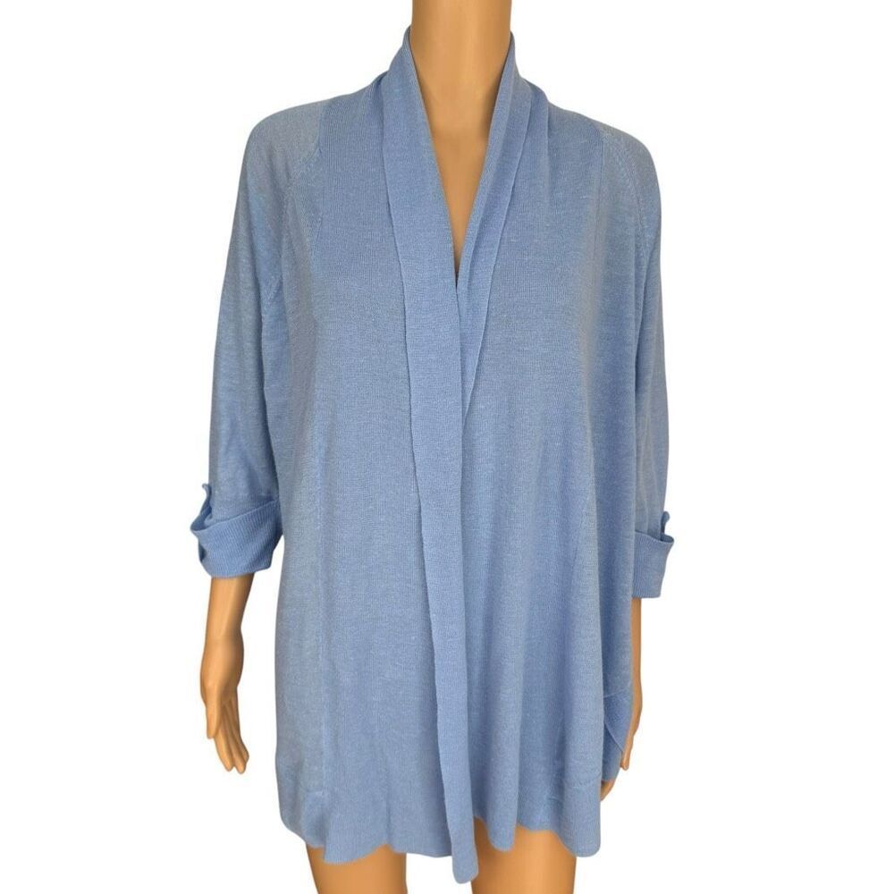 Chico’s Blue Open Front Cardigan Lightweight Ramie Blend Roll Tab Sleeves Sz L